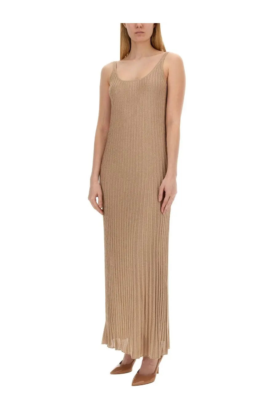 Beige pleated knit maxi dress with thin spaghetti straps from max mara womens rhythm piano dress collection