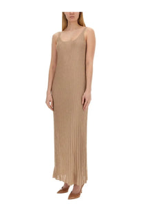 Beige pleated knit maxi dress with thin spaghetti straps from max mara womens rhythm piano dress collection