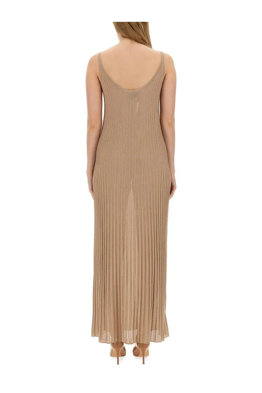 Beige pleated maxi dress with thin spaghetti straps and backless design by max mara women in rhythm piano dress style