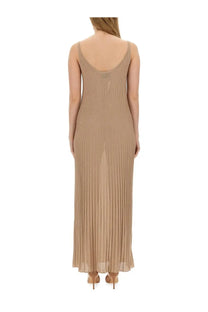 Beige pleated maxi dress with thin spaghetti straps and backless design by max mara women in rhythm piano dress style