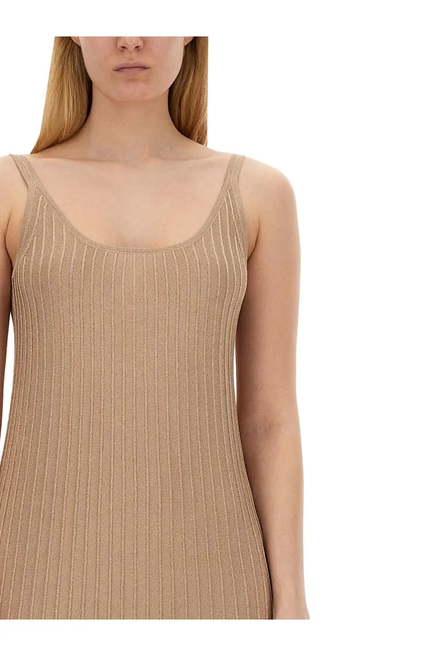 Max mara women’s rhythm piano dress beige with ribbed knit fabric and thin straps sleeveless design