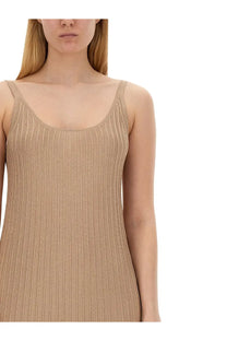 Max mara women’s rhythm piano dress beige with ribbed knit fabric and thin straps sleeveless design