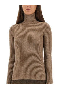 Max mara women’s ribbed camel-colored cashmere turtleneck sweater with a classic fit