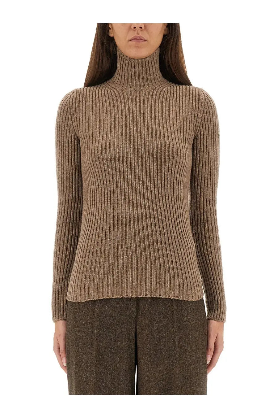 Max Mara women’s ribbed camel cashmere turtleneck sweater with a soft textured knit for cozy wear