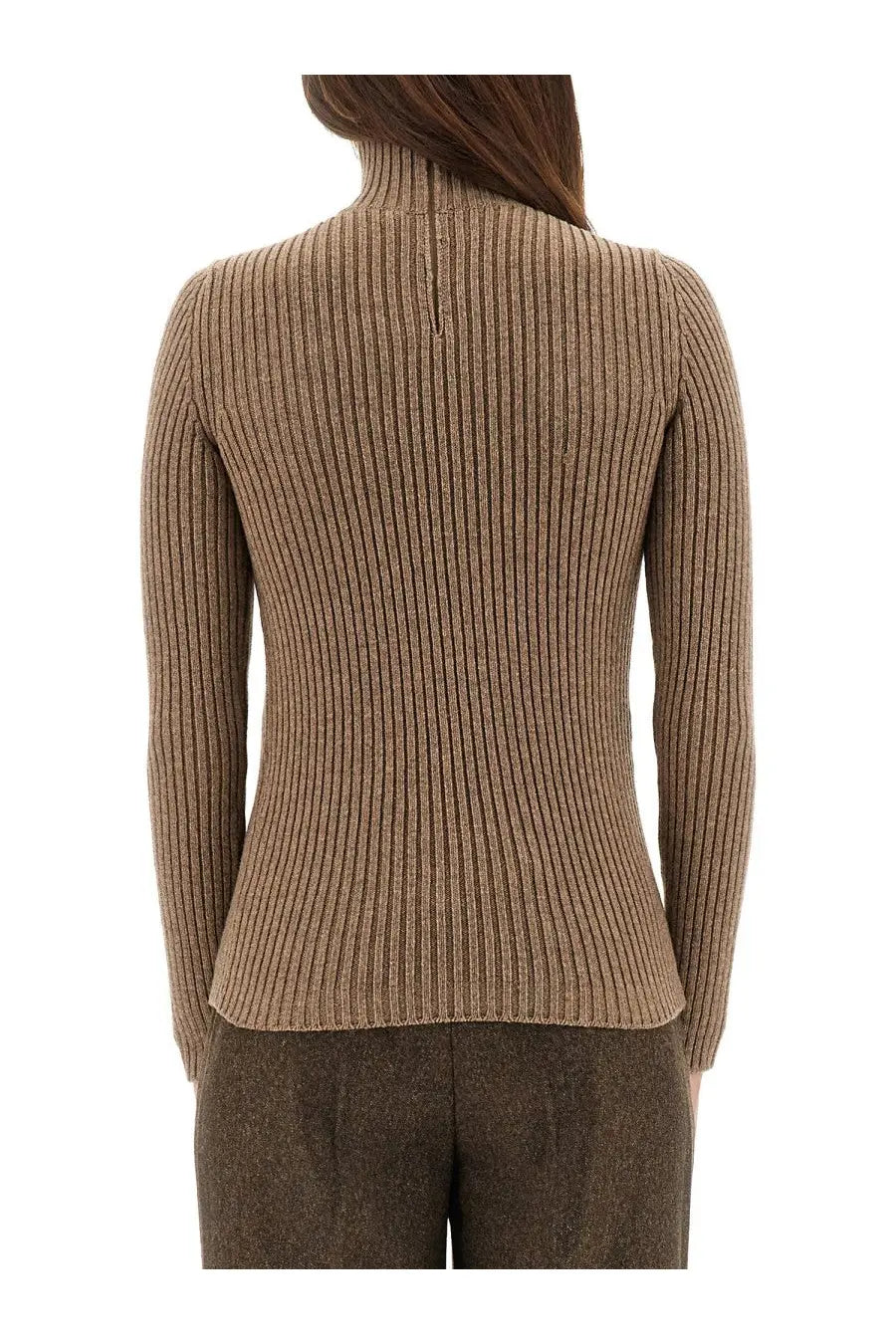 Max Mara women’s ribbed camel cashmere turtleneck sweater with a fitted silhouette