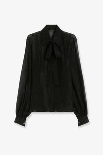 Max Mara women’s Scafati black silk shirt with sheer fabric shimmer and bow at the neckline