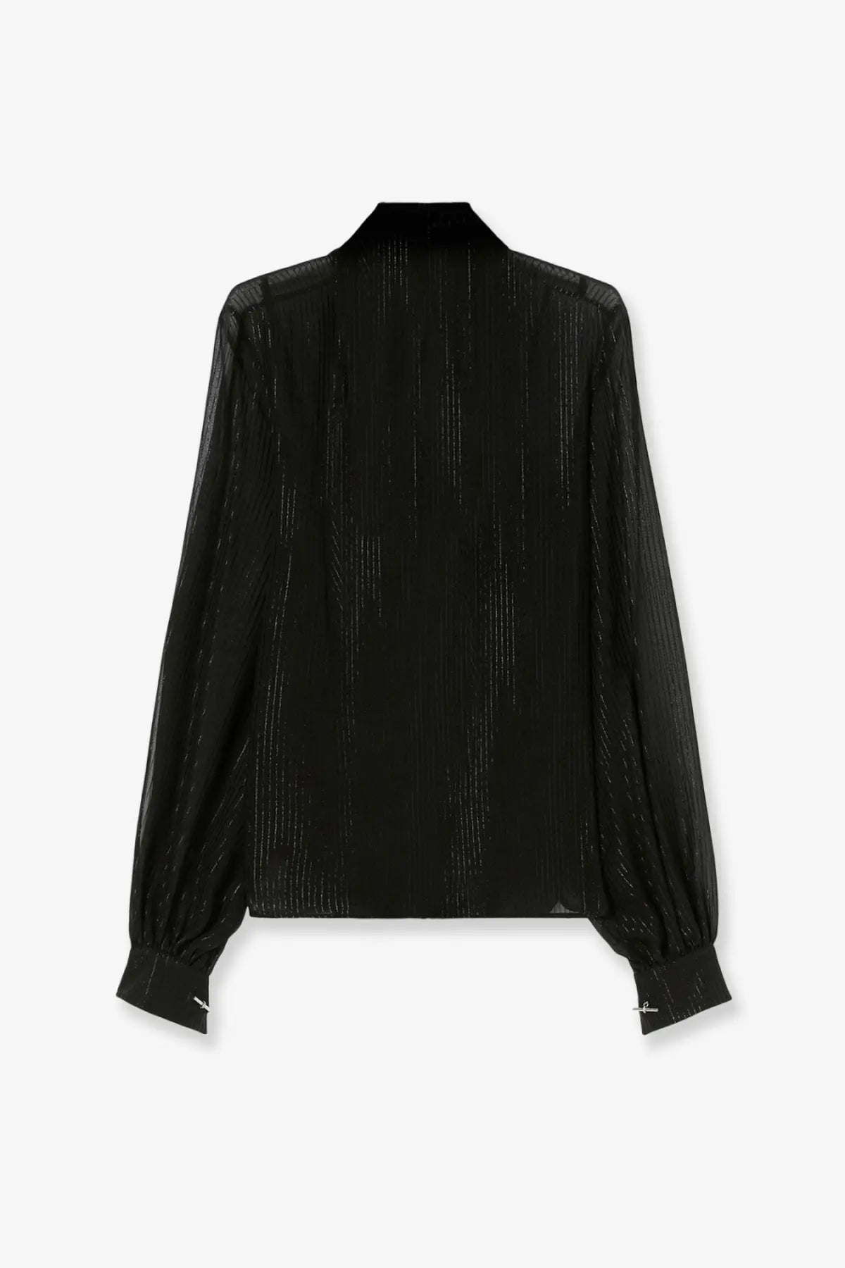 Black sheer blouse with subtle vertical shimmering texture and long sleeves made from silk by max mara