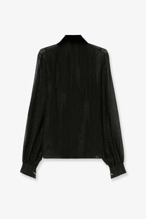 Black sheer blouse with subtle vertical shimmering texture and long sleeves made from silk by max mara