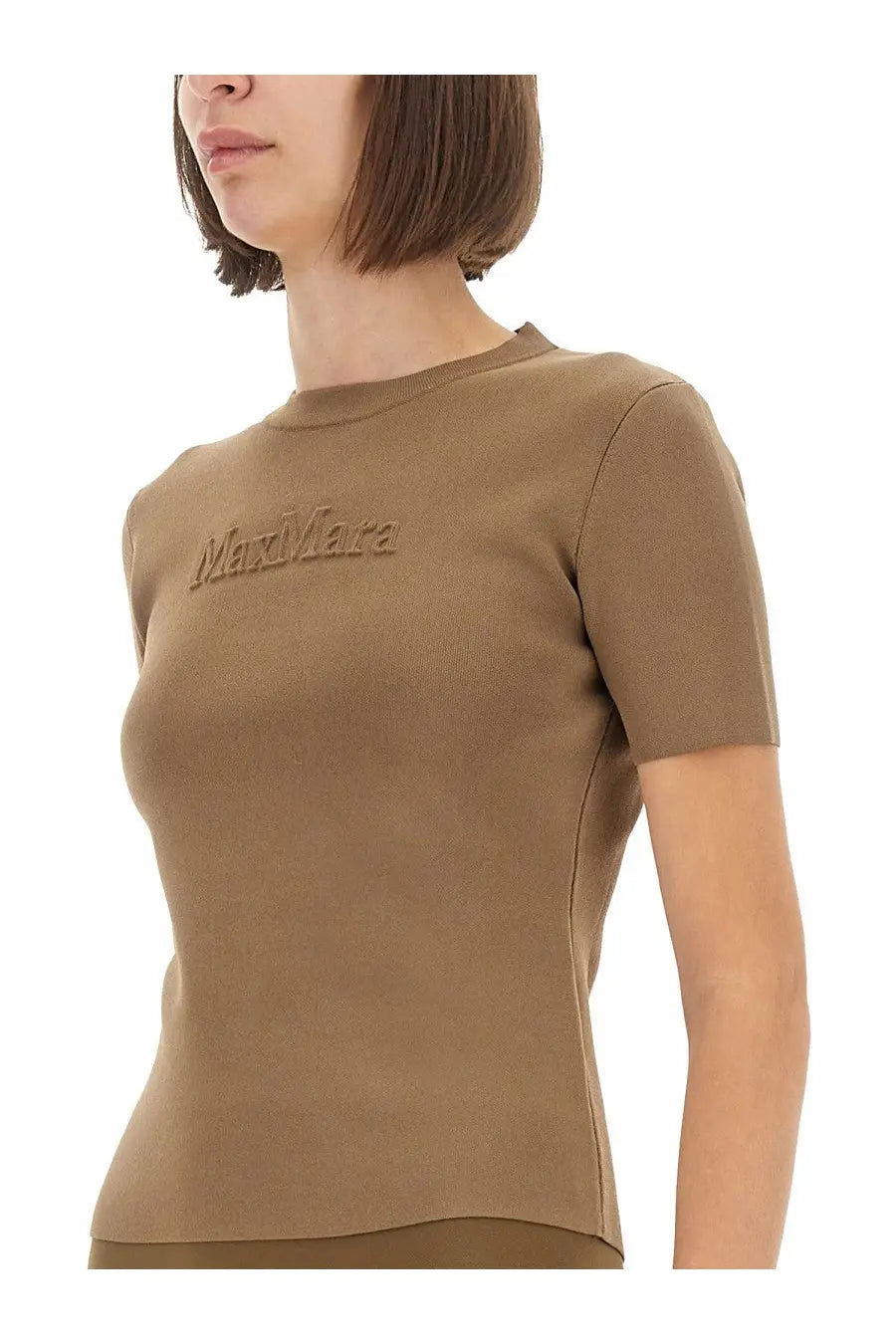 Max Mara women’s taupe ribbed knit short-sleeve top with subtle max Mara logo embroidered across the chest