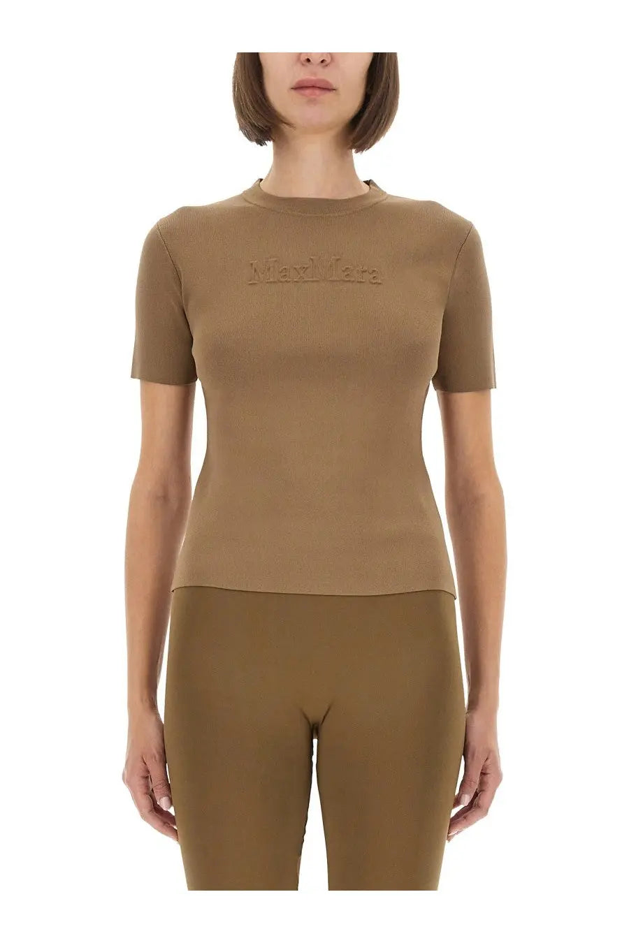 Max Mara women’s beige shirt Adelio featuring a taupe short-sleeved design with subtle maybelline logo embroidery