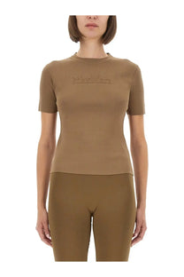 Max Mara women’s beige shirt Adelio featuring a taupe short-sleeved design with subtle maybelline logo embroidery