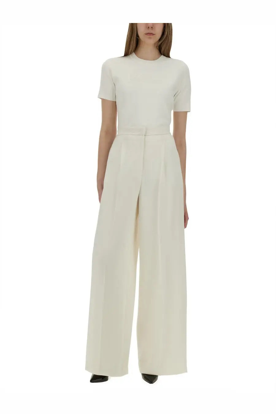 Max Mara women’s shirt adelio white cream high-waisted wide-leg jumpsuit with fitted short sleeves and pleated trousers