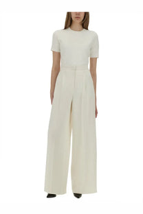 Max Mara women’s shirt adelio white cream high-waisted wide-leg jumpsuit with fitted short sleeves and pleated trousers
