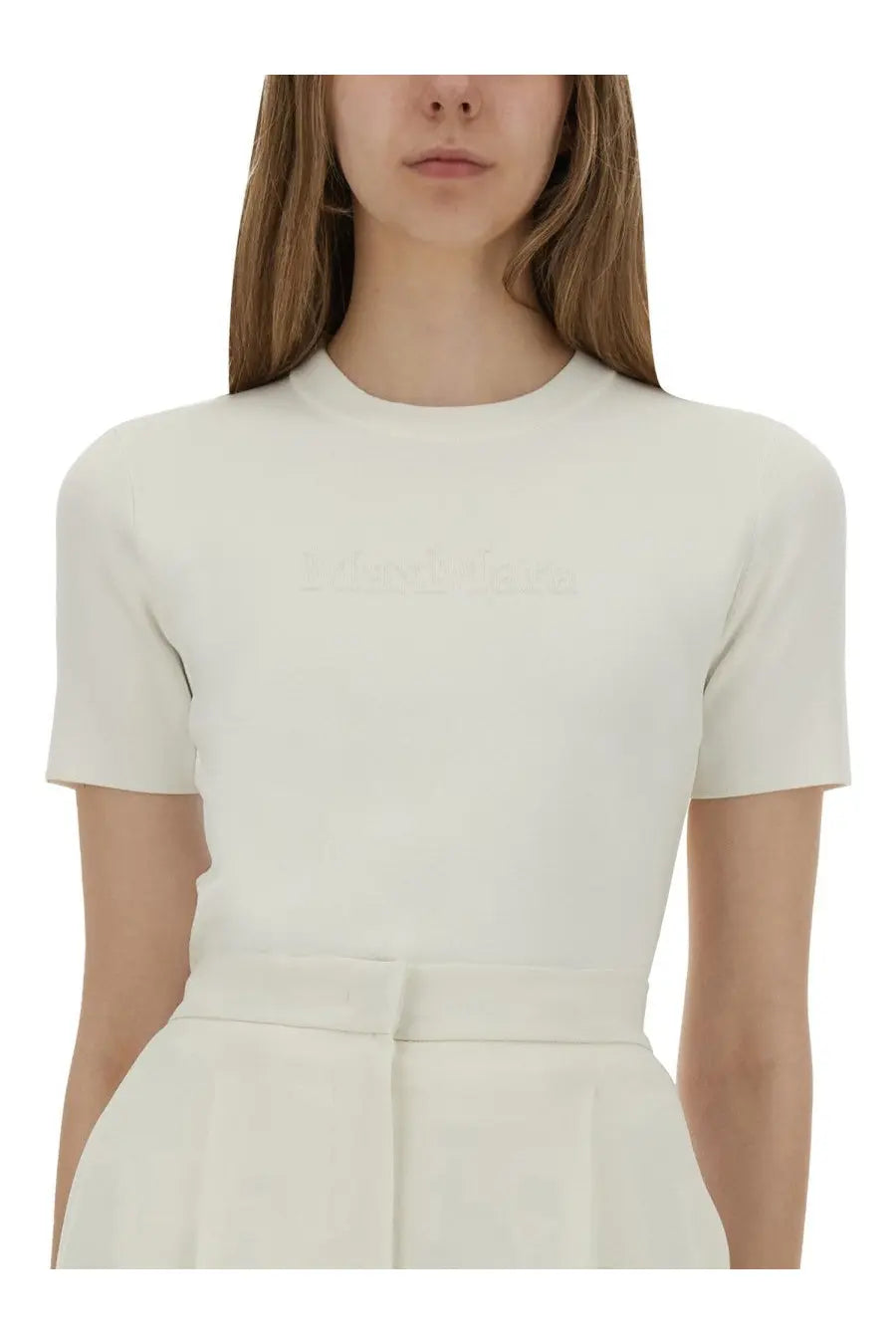 Cream-colored Max Mara women’s Adelio shirt with short sleeves and subtle embroidered logo across the chest