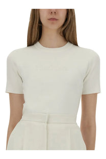 Cream-colored Max Mara women’s Adelio shirt with short sleeves and subtle embroidered logo across the chest