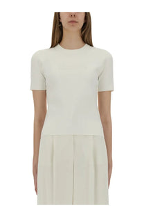 Max Mara women’s off-white short-sleeved knit top with subtle texture and clean crew neckline Adelio White