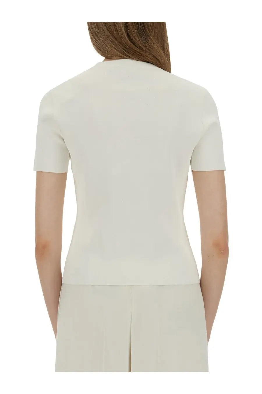 Max Mara women’s shirt Adelio white sleek off-white short-sleeved top with fitted silhouette and subtle ribbed texture