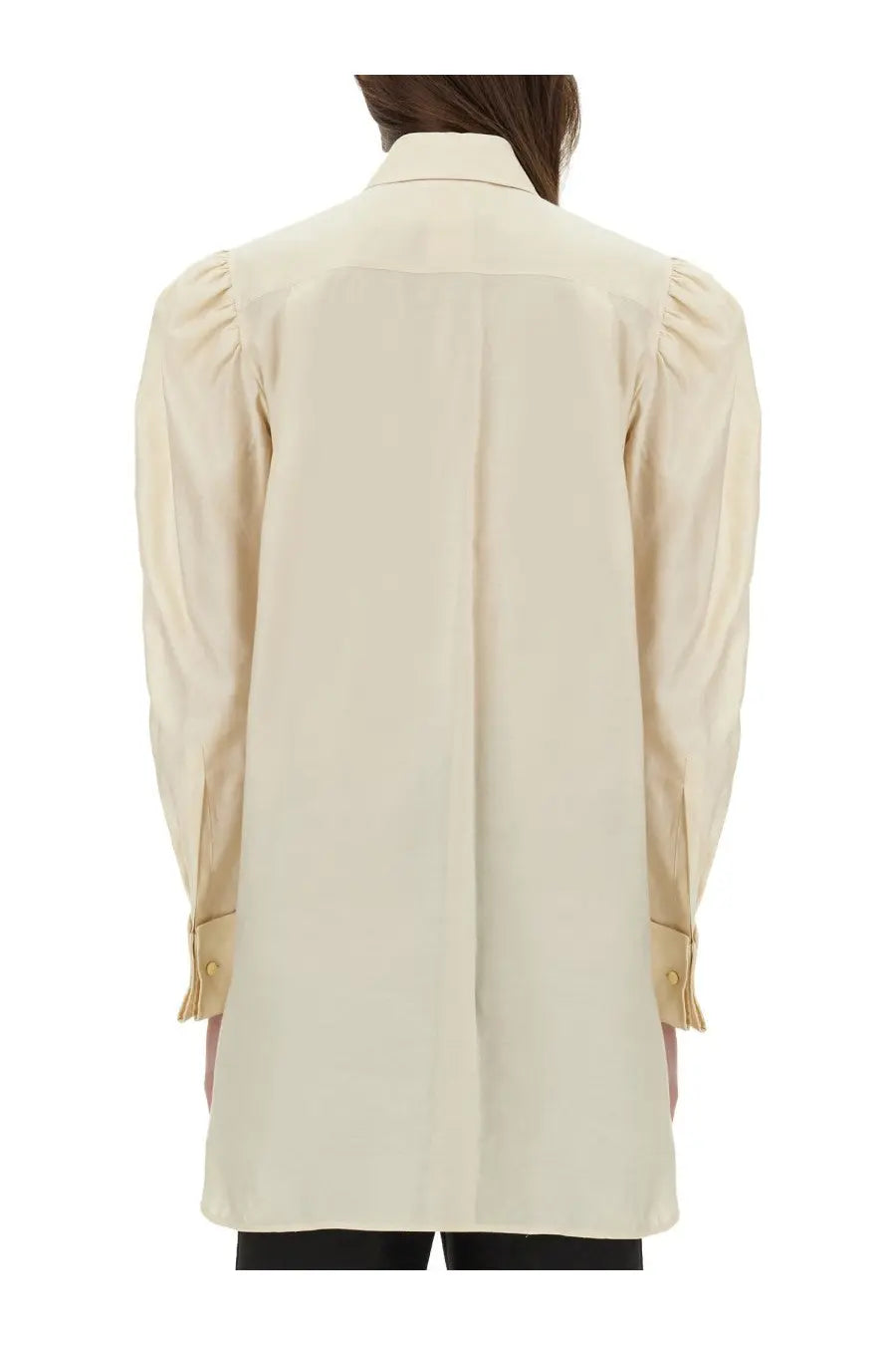 Max Mara women’s cream-colored satin blouse faraday white with puffed sleeves and gold-toned button cuffs