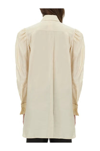 Max Mara women’s cream-colored satin blouse faraday white with puffed sleeves and gold-toned button cuffs