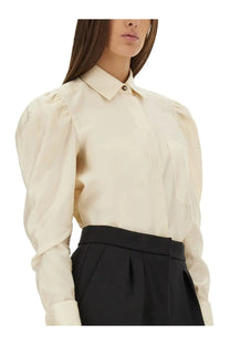 Max Mara women’s cream-colored satin blouse Faraday white with puffed sleeves and decorative button at collar