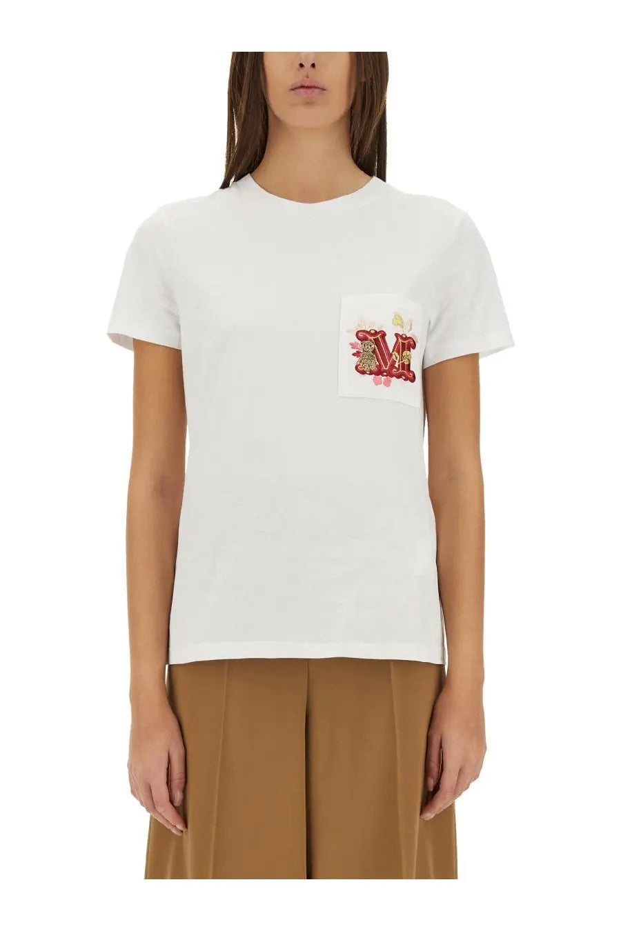 Max Mara women’s white cotton t-shirt with decorative red and gold floral embroidered patch on left chest