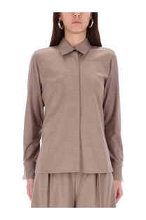 Max Mara women’s Thebaid beige long-sleeved shirt with subtle textured weave and classic collar