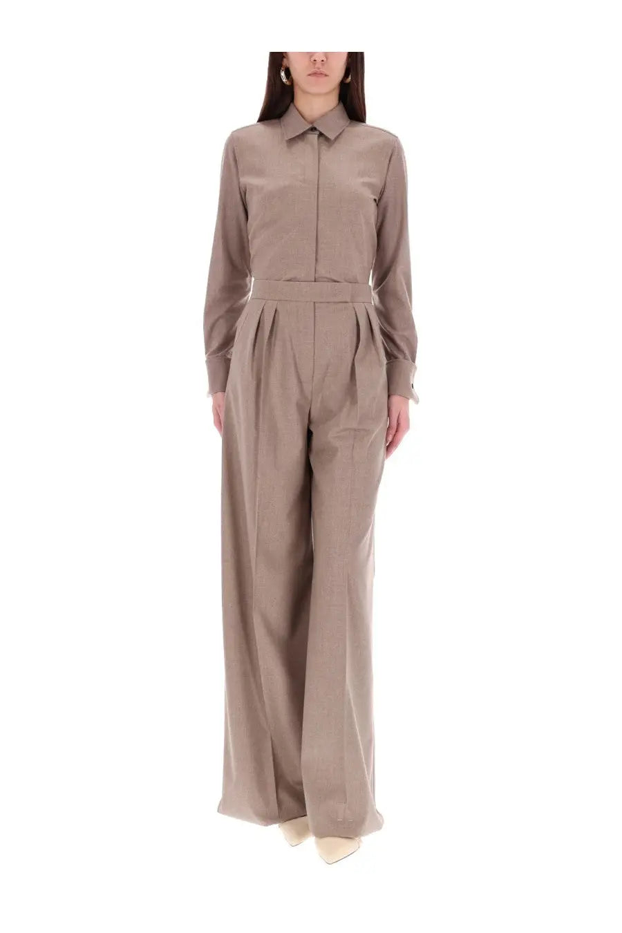 Max Mara women’s shirt thebaid beige taupe wide-leg jumpsuit with button-up collar and matching belt