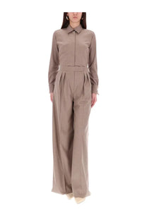 Max Mara women’s shirt thebaid beige taupe wide-leg jumpsuit with button-up collar and matching belt