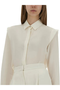 Max Mara women’s cream-colored long-sleeved blouse with structured collar and matching belt zircon white