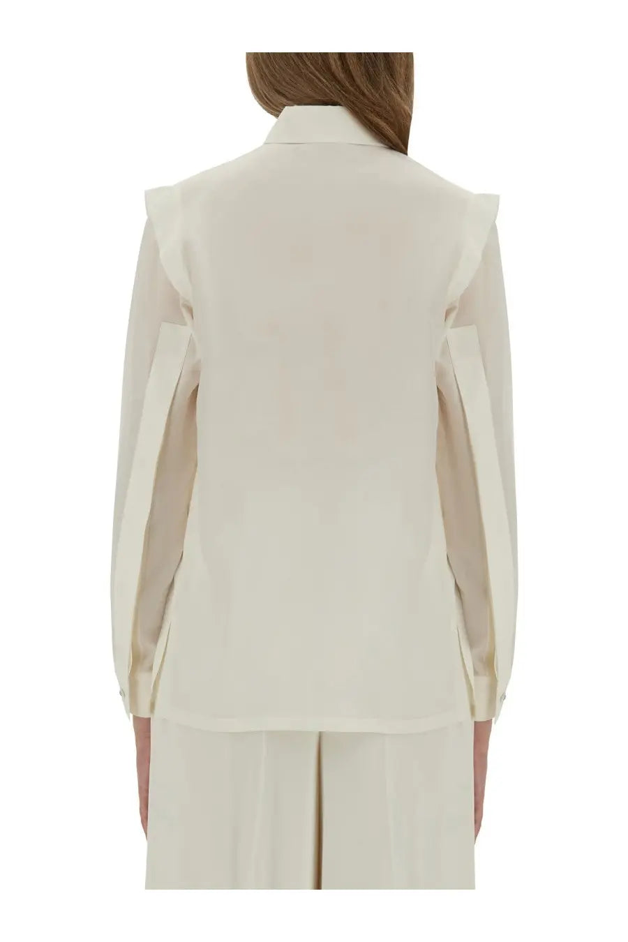 Cream-colored Max Mara women’s silk blazer with sheer ruffled sleeve panels and a structured collar