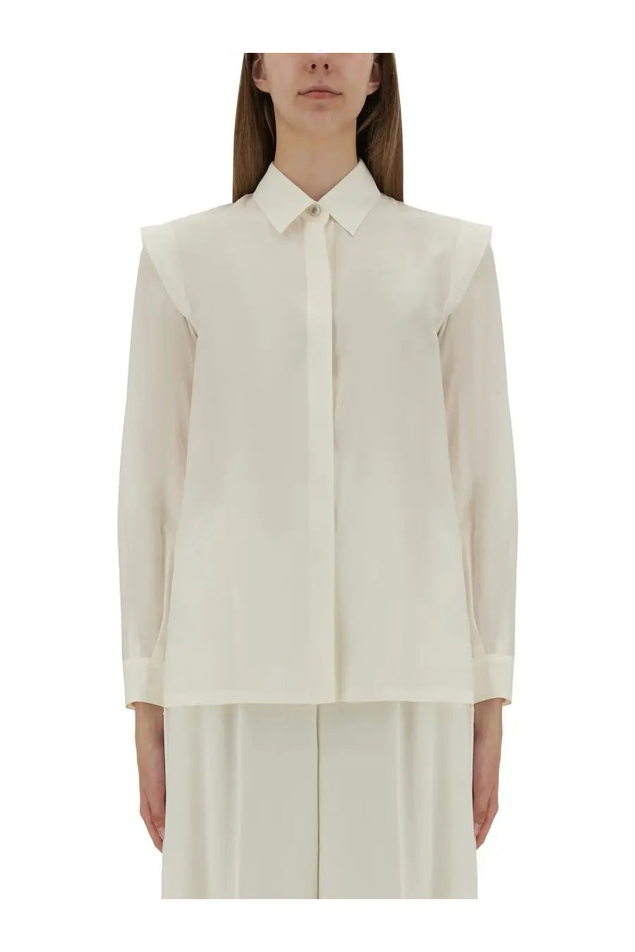Max Mara women’s shirt Zirlo white off-white silk blouse with structured collar and long sleeves minimalist design