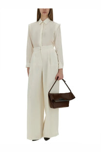 A sleek matte brown leather handbag with a structured rectangular shape and single top handle by Max Mara