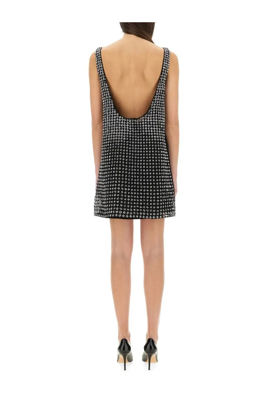 Max mara women’s short black mini dress with silver studs thin straps and deep back cutout shown from back side