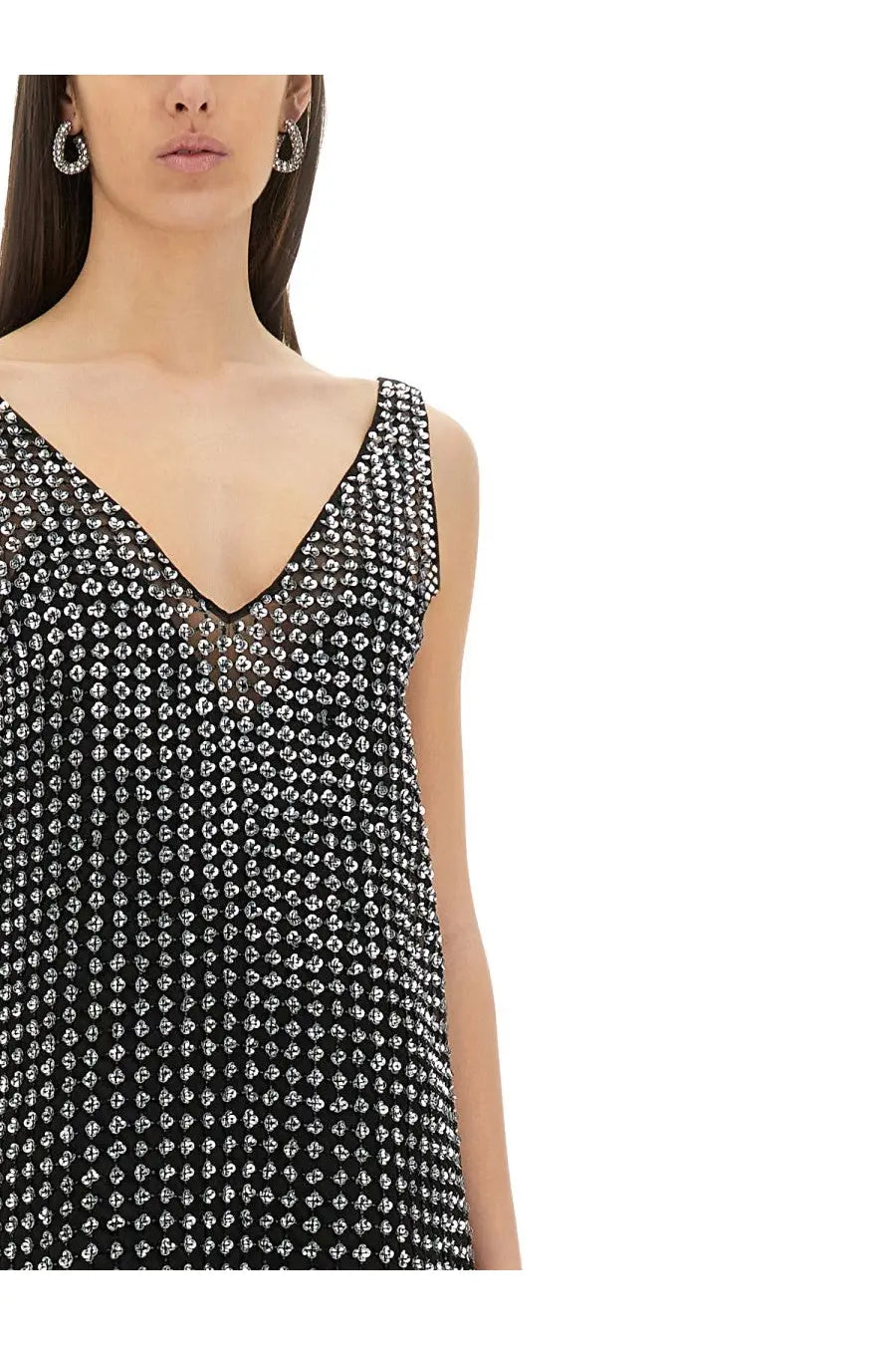 Max Mara women’s short black dress Rita sleeveless with sparkling silver rhinestone embellishments densely covering fabric