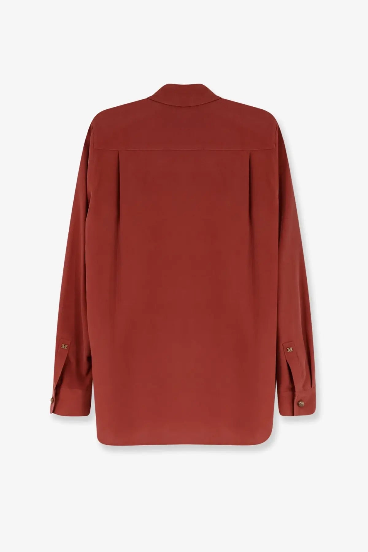 Max mara women’s siamese silk shirt brown showing sleek rust-colored silk blouse with modern cut and subtle back pleats