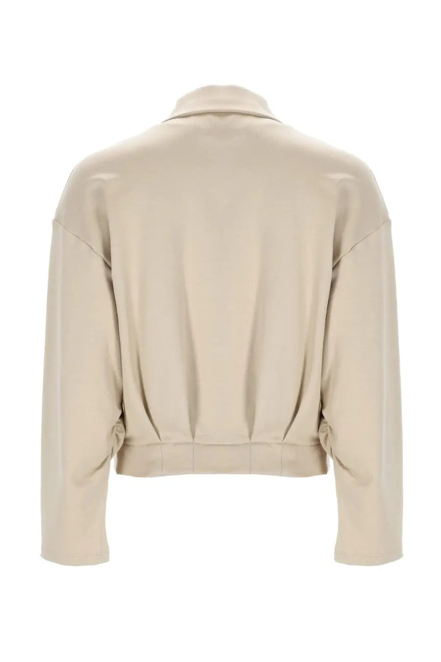 Beige faux leather cropped jacket with structured collar and subtle back pleats shown from the back side