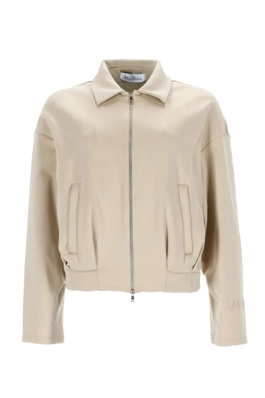 Beige leather bomber jacket with collar zipper closure and pockets paired with max mara silk and cotton crop sweatshirt