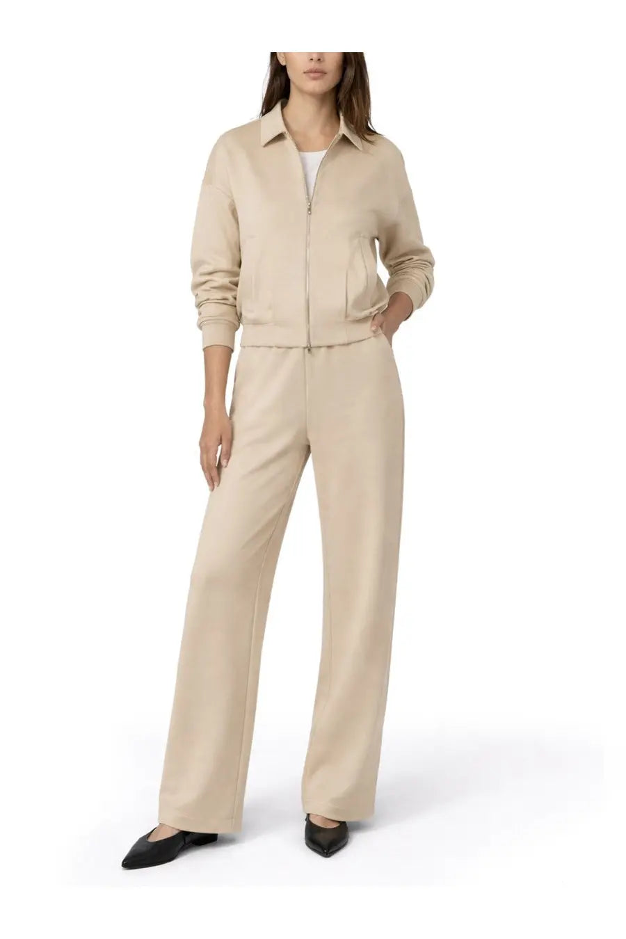 Beige silk and cotton zip-front bomber jacket with ribbed cuffs and waistband paired with matching wide-leg trousers