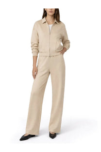 Beige silk and cotton zip-front bomber jacket with ribbed cuffs and waistband paired with matching wide-leg trousers