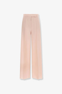Max Mara women’s high-waisted wide-leg trousers in beige silk and mohair with tailored pleats down the front