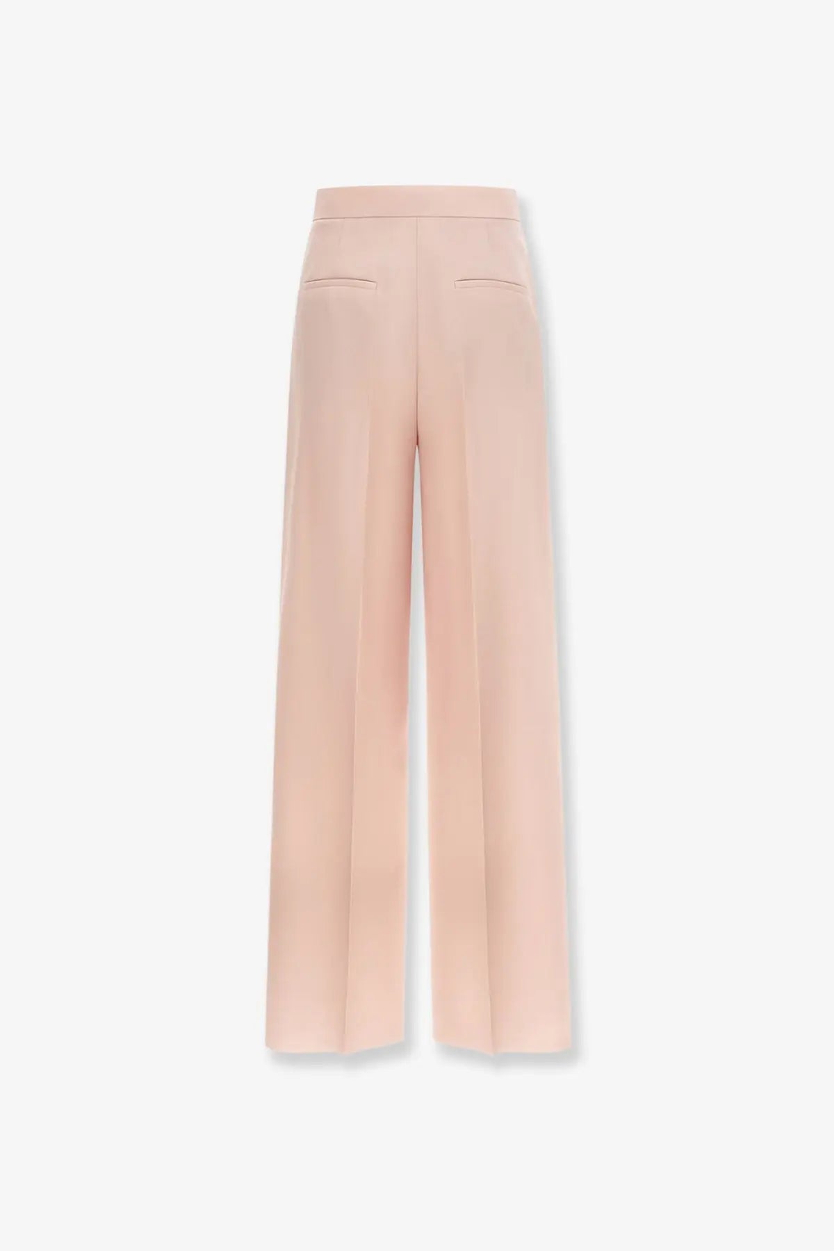 A pair of max mara women’s high-waisted silk and mohair trousers in beige with wide legs and subtle back pockets shown from the back