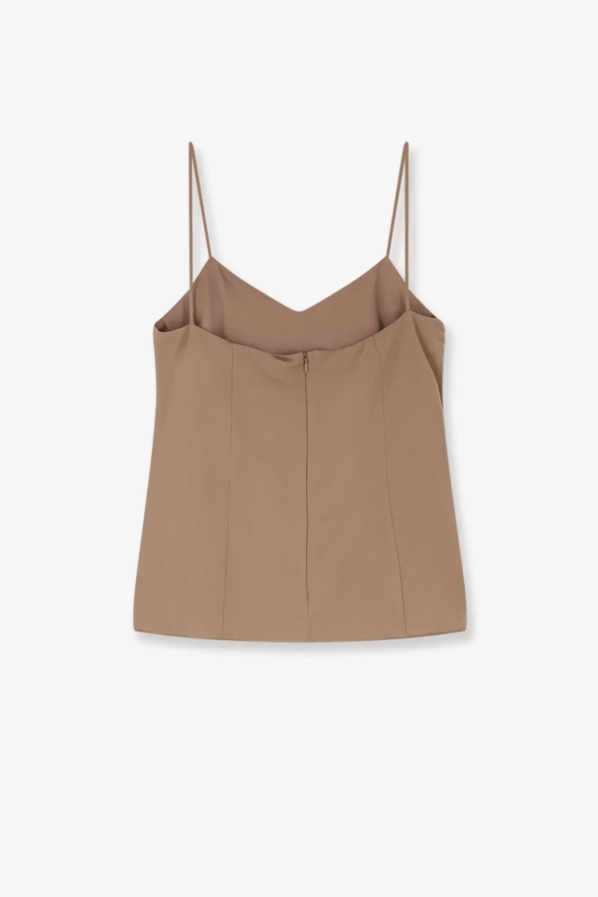 Beige Max Mara womens silk Munghia top with thin spaghetti straps and back zipper visible from the back side