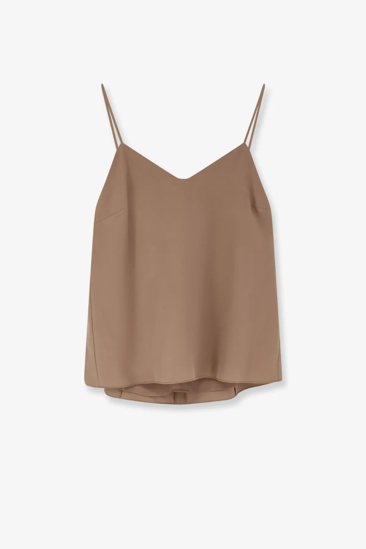 Max Mara women’s taupe silk Munghia sleeveless camisole top with thin spaghetti straps and v-neckline