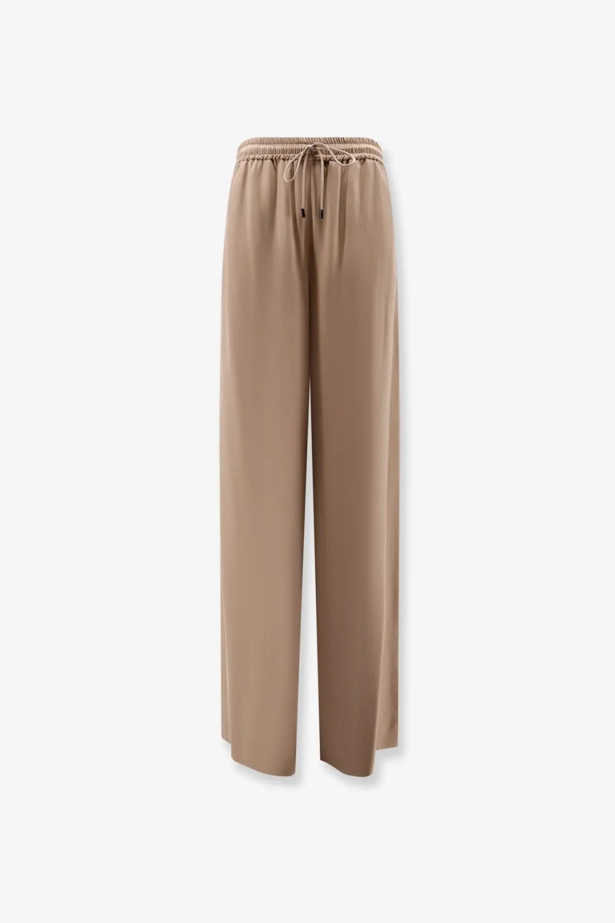 Max mara women’s silk beige wide-leg trousers with elastic waistband and drawstring for comfortable wear