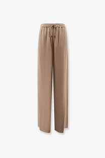 Max mara women’s silk beige wide-leg trousers with elastic waistband and drawstring for comfortable wear