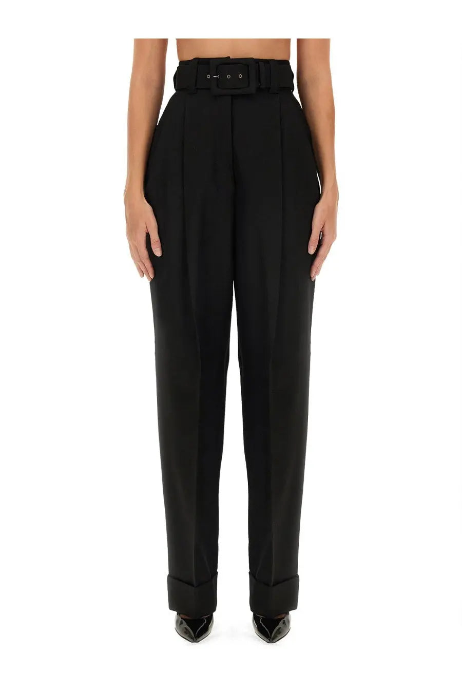 Max mara women’s street piano pants black high-waisted pleated trousers with wide belt in black fabric