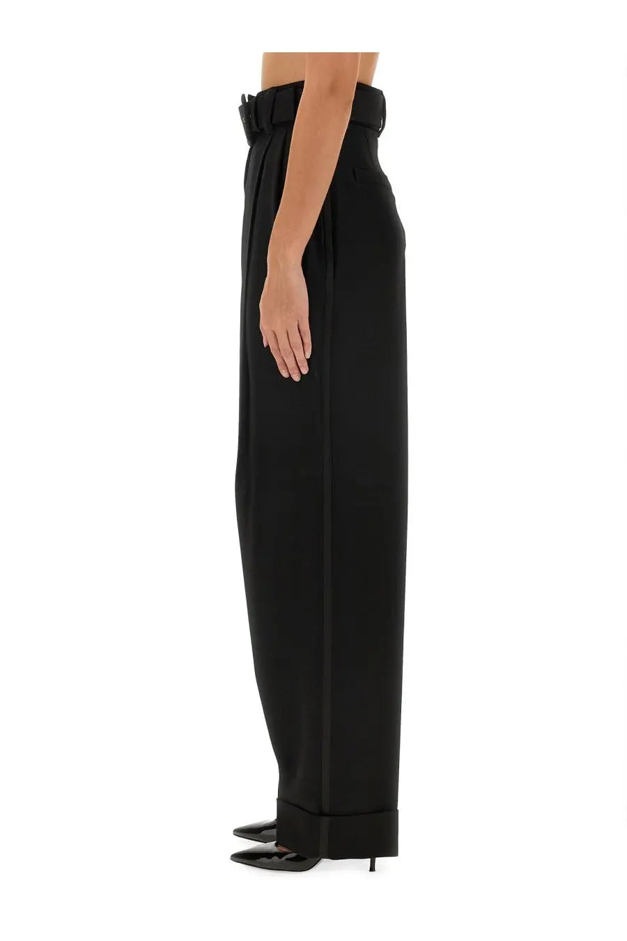Max Mara women’s street piano pants black with high-waisted wide-leg design and structured belt in tailored fabric