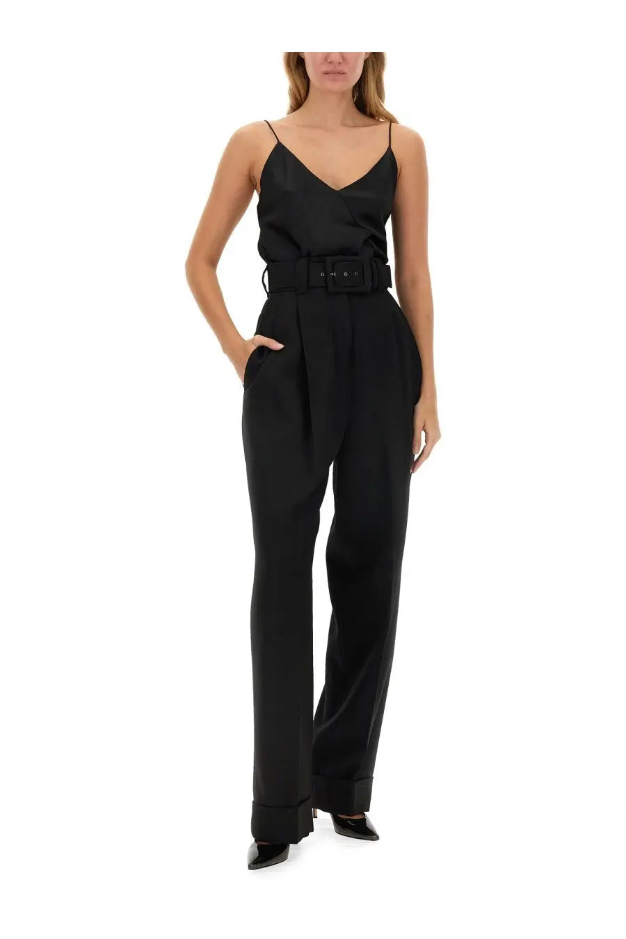 Max mara women’s black satin slip jumpsuit with wide belt and pleated trousers for street style wear