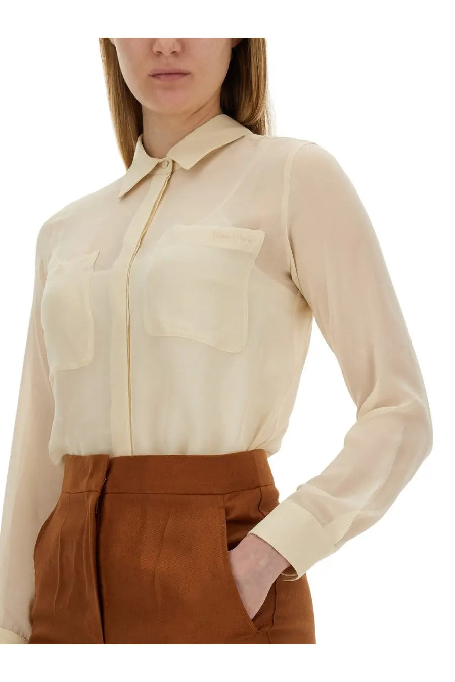 Max Mara women’s summer clam shirt white cream-colored sheer blouse with collar front zipper and two patch pockets