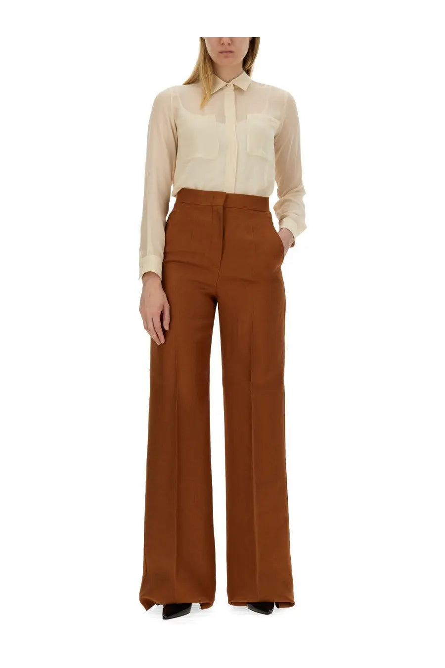 A pair of max mara women’s high-waisted wide-leg brown trousers with a sleek tailored fit